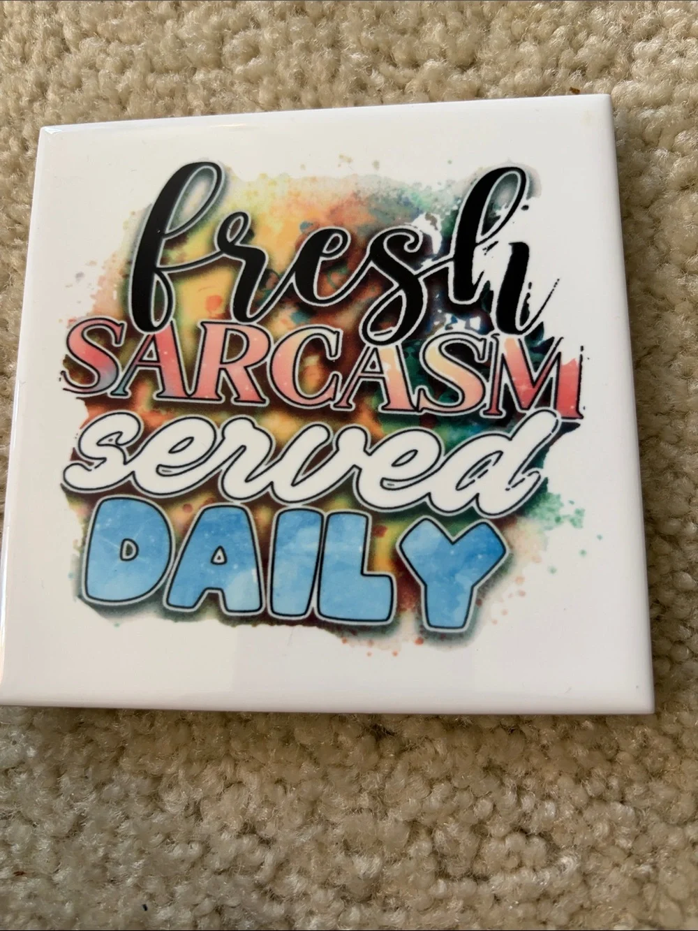 Set of 2 Humorous Ceramic Tile Coasters - Blue,Orange,Teal,White Accents - NWOT